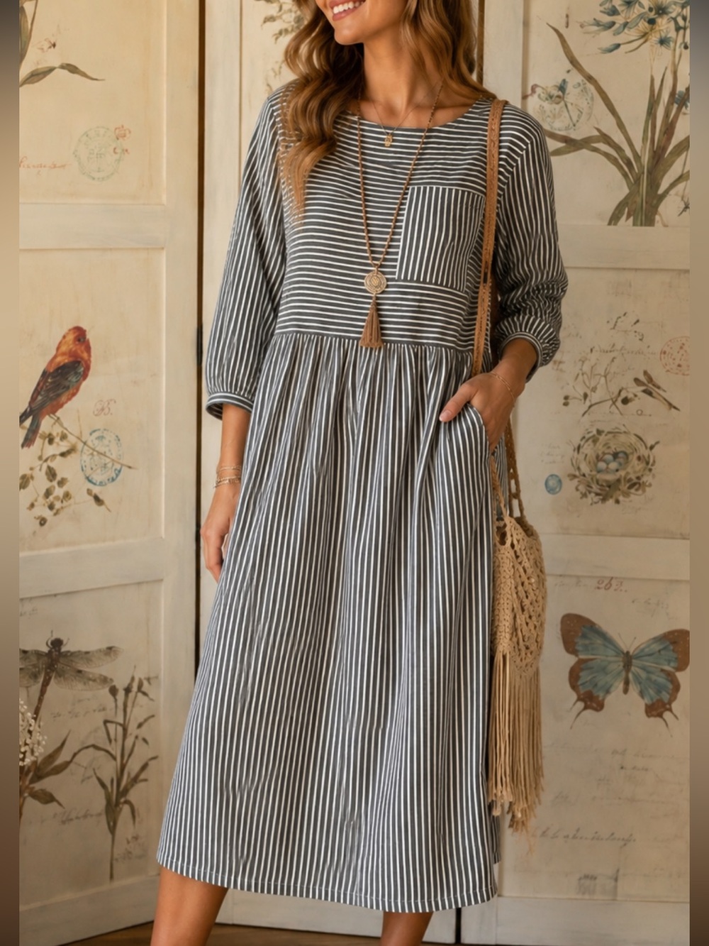 Striped Pocket Midi Dress - Gray & White